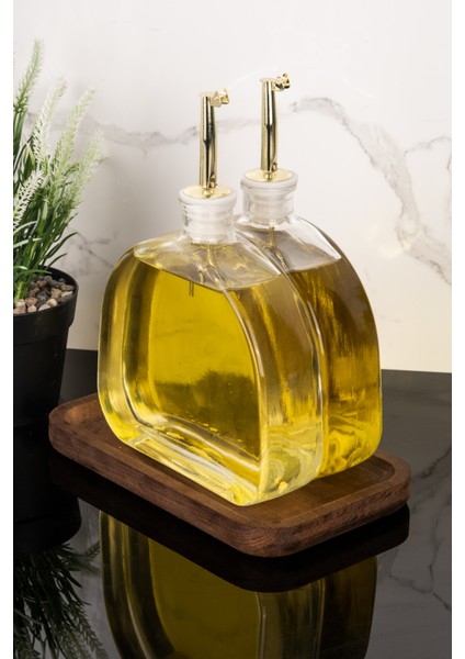 2li Lüx 500 ml Yağdanlık Ahşap Standlı Gold Kapak Cam Yağlık Zeytinyağı Ayçiçek Yağı Sosluk Sirkelik