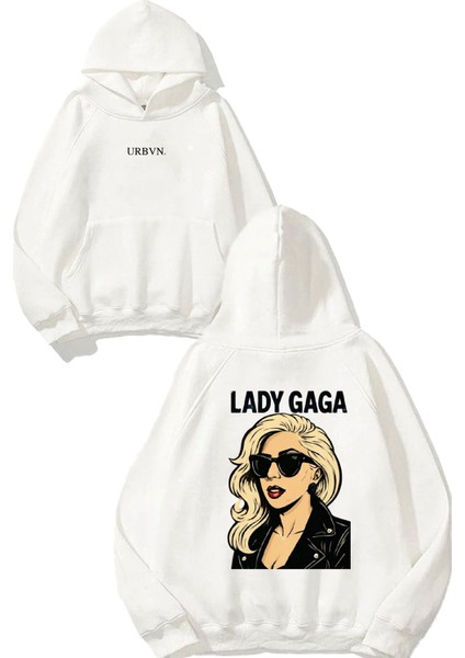 Lady Gaga Tasarım Baskılı Oversize Beyaz Kapüşonlu Sweatshirt