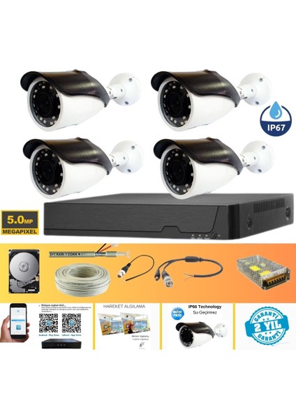Gerçek 5 Mp Metal Kasa 4 Kameralı Ahd Güvenlik Seti 500 GB HDD Dahil - ST45500GM