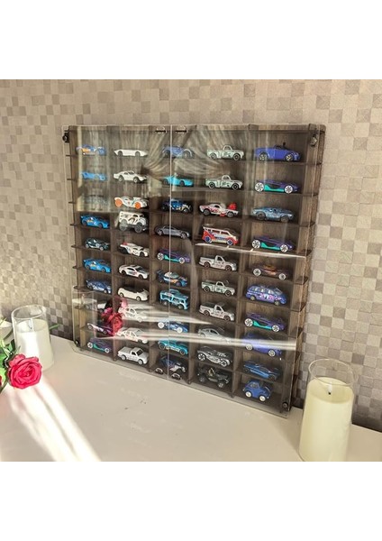 Kapaklı 1/64 Ölçek 50ARAÇ Hotwheels Matchbox Metal Araç Uyumlu Model Oyuncak Araba Rafı-Kahve