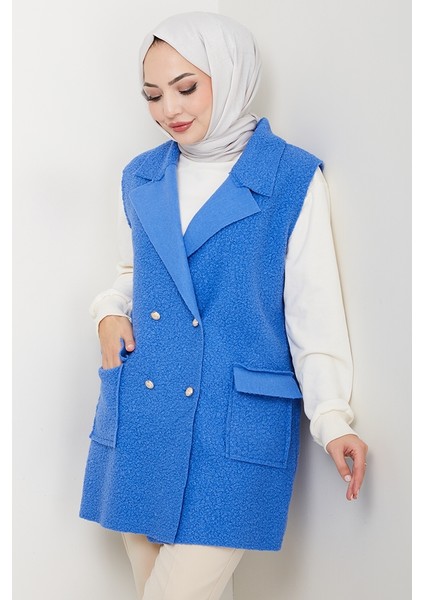 Kapak Cepli Düğmeli Yelek 1649 - Mavi