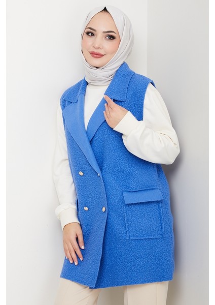 Kapak Cepli Düğmeli Yelek 1649 - Mavi modelleri