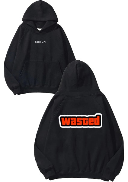 Wasted Tasarım Baskılı Oversize Siyah Kapüşonlu Sweatshirt