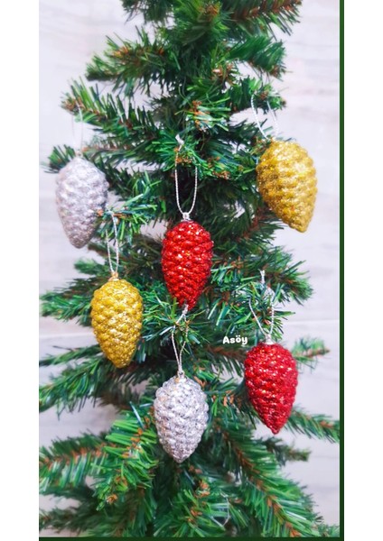 Yılbaşı Çam Ağacı Süsü Renkli Kozalak Gold Kırmızı Gümüş Simli 6 Adet fiyatları