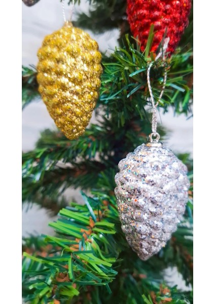 Yılbaşı Çam Ağacı Süsü Renkli Kozalak Gold Kırmızı Gümüş Simli 6 Adet fırsatları