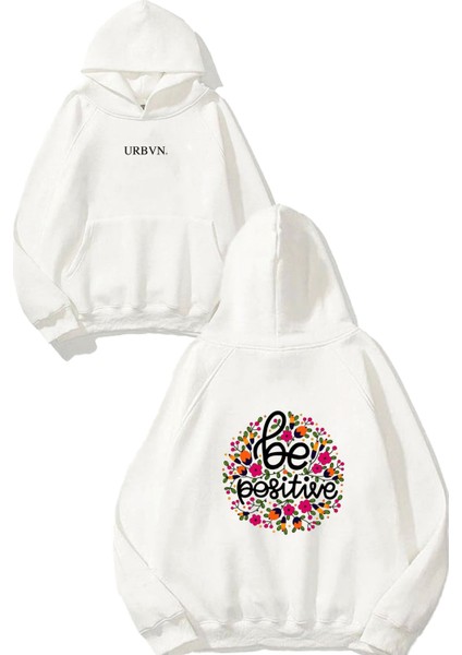 Be Positive Çiçek Tasarım Baskılı Oversize Beyaz Kapüşonlu Sweatshirt