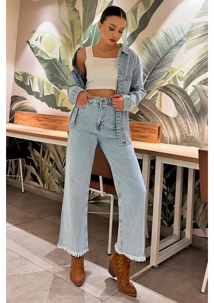 Yüksek Bel Paça Püsküllü Bol Paça Kadın Jean Kot Pantolon P-00008857