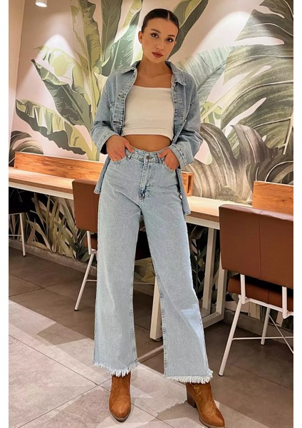 Yüksek Bel Paça Püsküllü Bol Paça Kadın Jean Kot Pantolon P-00008857 fiyatları