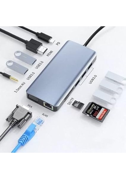 Fc-31 Macbook Uyumlu Type-C™ Usb-C To 4* USB 3.0 4K 1080P Hd HDMI VGA 1000 Mbps RJ45 Pd Aux Ses Sd Tf Kart 11IN1 Çevirici Hub Adaptör fiyatları