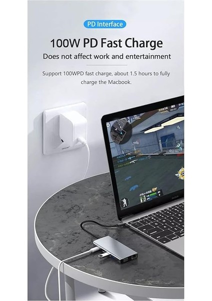 Fc-31 Macbook Uyumlu Type-C™ Usb-C To 4* USB 3.0 4K 1080P Hd HDMI VGA 1000 Mbps RJ45 Pd Aux Ses Sd Tf Kart 11IN1 Çevirici Hub Adaptör indirimleri