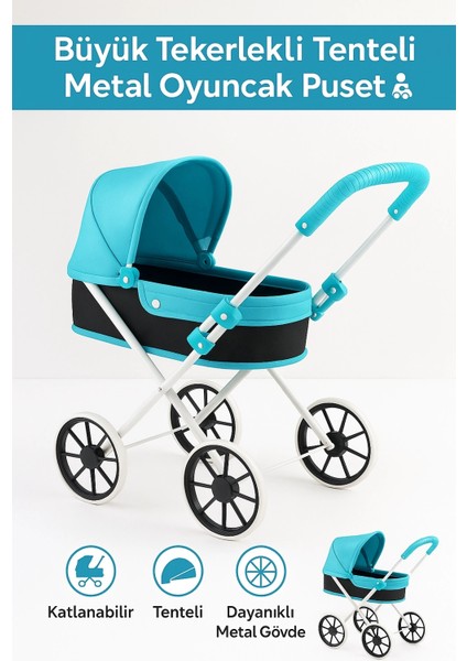 Büyük Tekerlekli Tenteli Katlanabilir Metal Oyuncak Bebek Puseti Premium Lüx Mavi