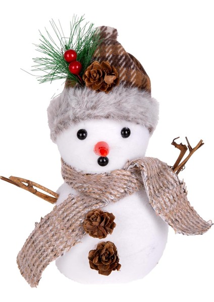 Yılbaşı Süsü Kardan Adam Yılbaşı Dekorlu Ekose Atkılı -Beyaz 14X12X18,5 Cm.