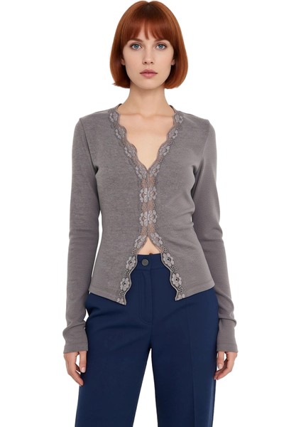 Kadın V Yaka Fırçalı Kaşkorse Esnek Örme Bluz Kaliteli Şık Rahat Modern Zarif Günlük fiyatları