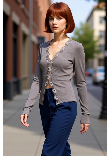 Kadın V Yaka Fırçalı Kaşkorse Esnek Örme Bluz Kaliteli Şık Rahat Modern Zarif Günlük fırsatları