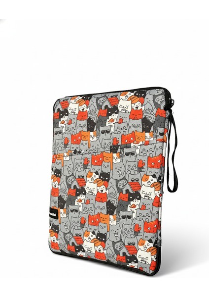 Çok Bölmeli, Kedi Desenli iPad Pro 6.nesil 12.9”/ 7.nesil 13”/ Air M2 ile Uyumlu 13” Tablet Çantası