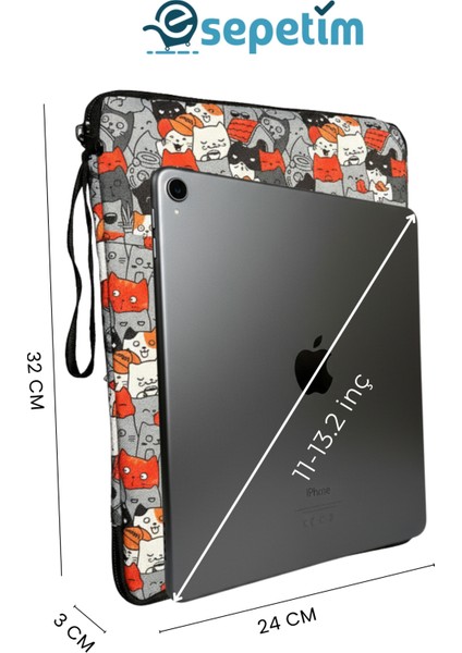 Çok Bölmeli, Kedi Desenli iPad Pro 6.nesil 12.9”/ 7.nesil 13”/ Air M2 ile Uyumlu 13” Tablet Çantası modelleri
