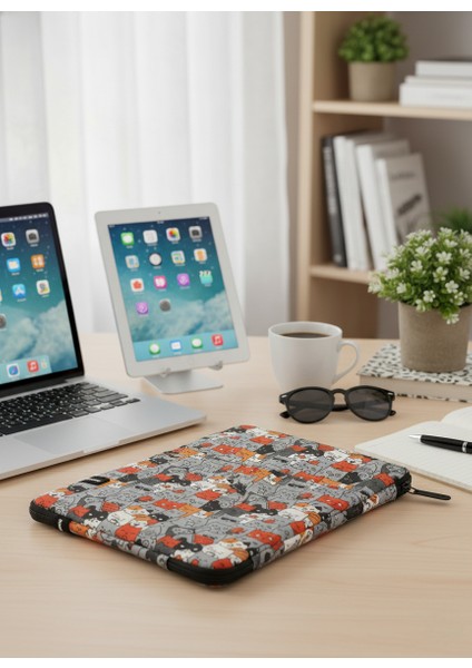 Çok Bölmeli, Kedi Desenli iPad Pro 6.nesil 12.9”/ 7.nesil 13”/ Air M2 ile Uyumlu 13” Tablet Çantası