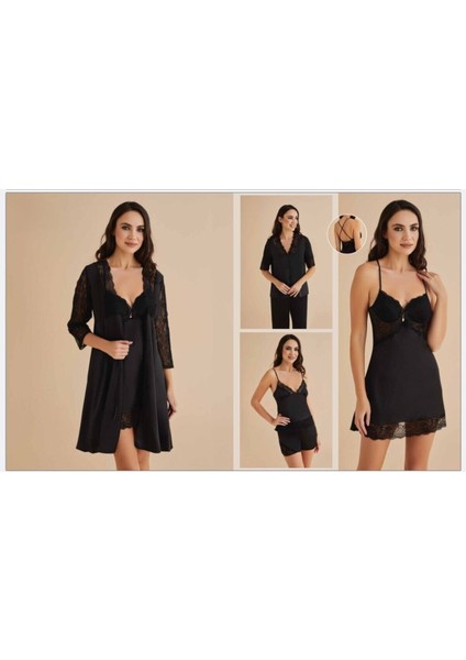 Kadın Siyah Gecelik&sabahlık&şortlu Takım&pijama Takımı 6'lı Saten Gelin Çeyizlik Set
