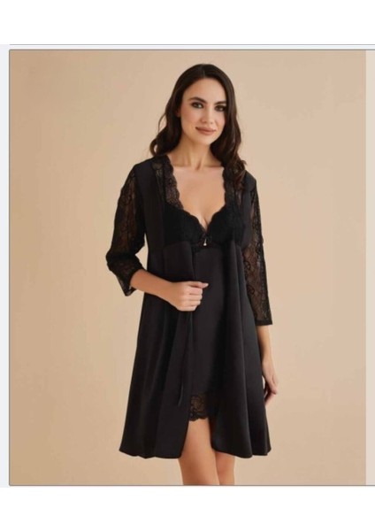 Kadın Siyah Gecelik&sabahlık&şortlu Takım&pijama Takımı 6'lı Saten Gelin Çeyizlik Set fiyatları