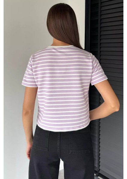 Kadın Şerit Desenli Bisiklet Yaka Tişört P-00018593 modelleri