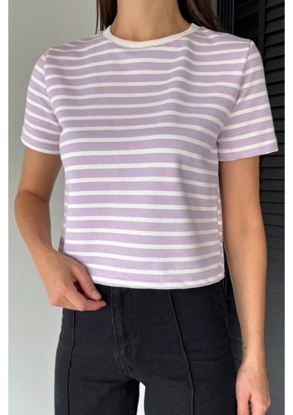 Kadın Şerit Desenli Bisiklet Yaka Tişört P-00018593 fırsatları
