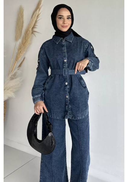 Kemerli Jean Kot Ceket Pantolon Tesettür Ikili Takım P-00018909