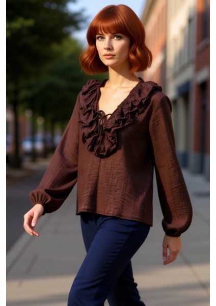 Kadın V Yaka Fırfırlı Bağcıklı Uzun Kollu Bluz Kaliteli Şık Rahat Modern Zarif Günlük fırsatları