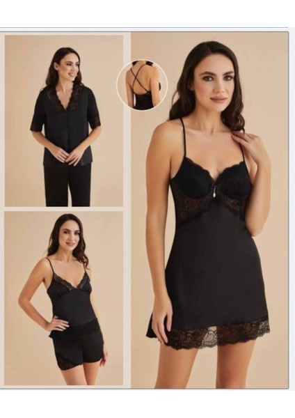 Kadın Siyah Gecelik&sabahlık&şortlu Takım&pijama Takımı 6'lı Saten Gelin Çeyizlik Set modelleri
