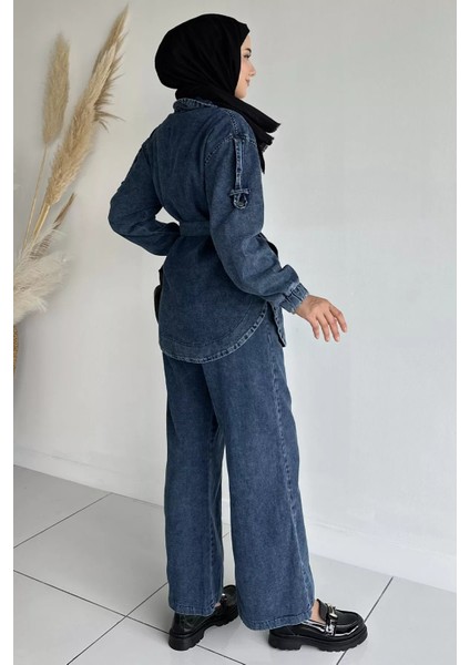 Kemerli Jean Kot Ceket Pantolon Tesettür Ikili Takım P-00018909 modelleri
