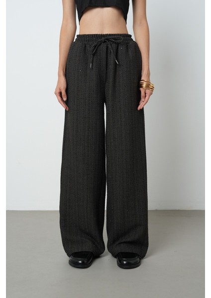 Kadın Simli Bol Paça Beli Lastikli Düz Renk Pantolon