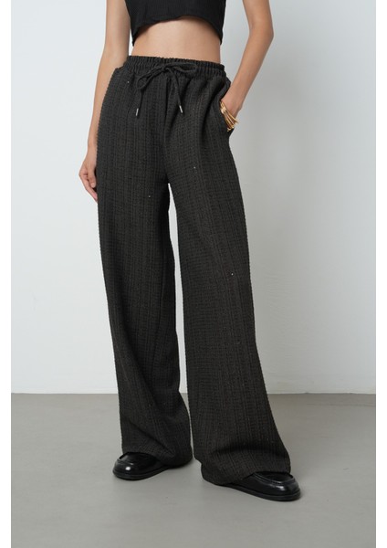 Kadın Simli Bol Paça Beli Lastikli Düz Renk Pantolon modelleri