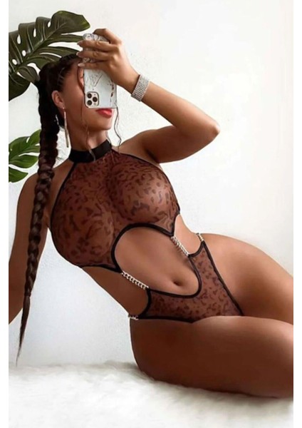 Transparan Leopar Desenli Zincir Detaylı Fantezı Body fiyatları