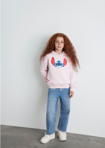 Stitch Baskılı Kapüşonlu Pembe Sweatshirt 7S10165-71007