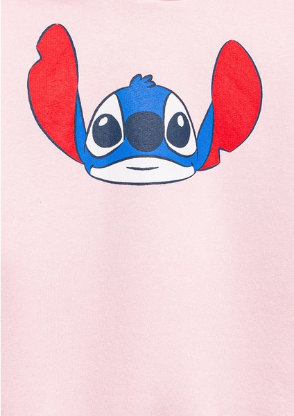 Stitch Baskılı Kapüşonlu Pembe Sweatshirt 7S10165-71007