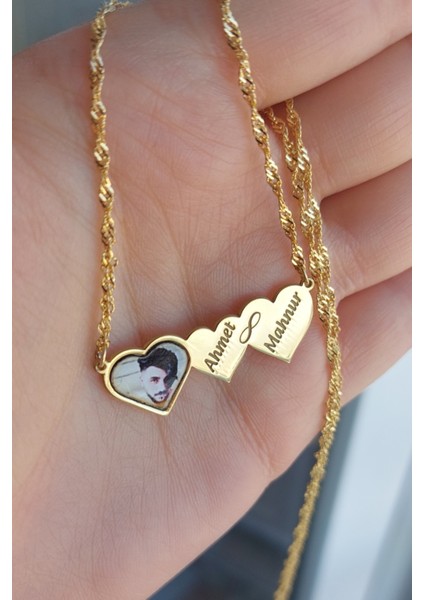 925 Ayar Gümüş 24 Ayar Altın Kaplama Isimli ve Resimli Kalpli Kolye