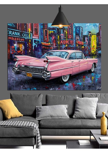 Pembe Klasik Araba Şehir Dekoratif Kanvas - Mdf Ahşap Tablo