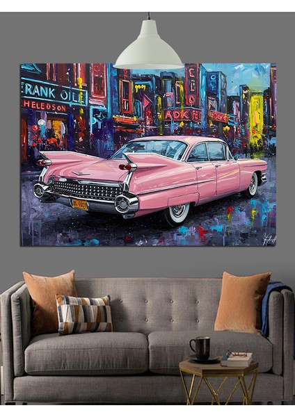 Pembe Klasik Araba Şehir Dekoratif Kanvas - Mdf Ahşap Tablo fiyatları