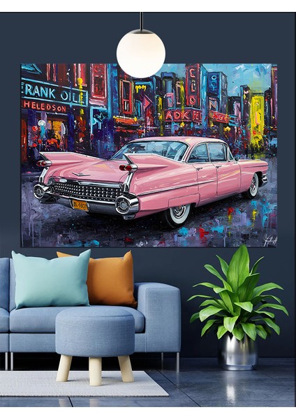 Pembe Klasik Araba Şehir Dekoratif Kanvas - Mdf Ahşap Tablo fırsatları