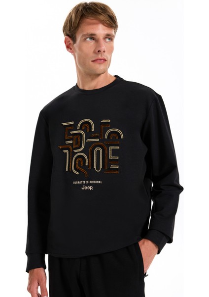 Bisiklet Yaka Baskılı Siyah Erkek Sweatshırt J5WM-SWT7286