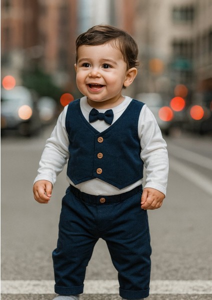 Pamuklu Yelekli Papyonlu 2li Erkek Bebek Takım