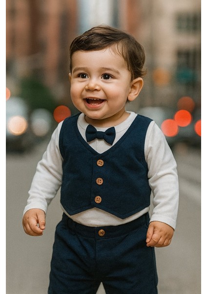 Pamuklu Yelekli Papyonlu 2li Erkek Bebek Takım fiyatları