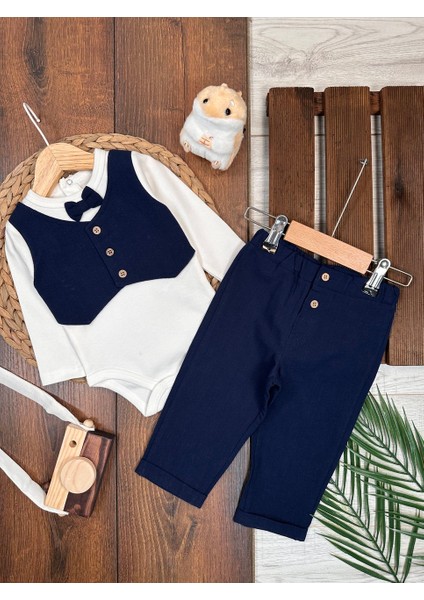 Pamuklu Yelekli Papyonlu 2li Erkek Bebek Takım modelleri