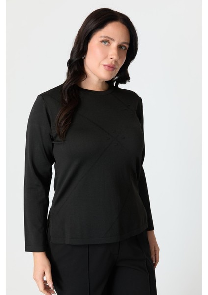 Büyük Beden Yuvarlak Yaka Triko Kazak-Siyah