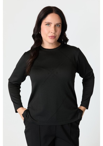 Büyük Beden Yuvarlak Yaka Triko Kazak-Siyah fiyatları