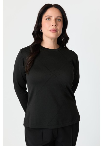 Büyük Beden Yuvarlak Yaka Triko Kazak-Siyah modelleri