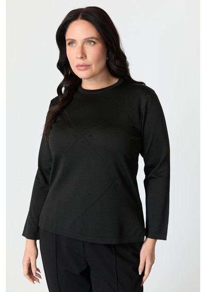 Büyük Beden Yuvarlak Yaka Triko Kazak-Siyah fırsatları
