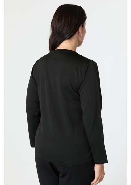 Büyük Beden Yuvarlak Yaka Triko Kazak-Siyah