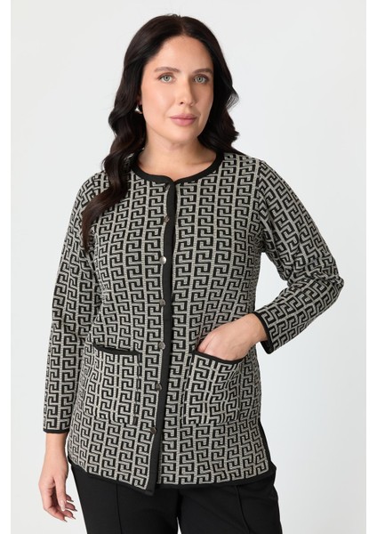 Büyük Beden Desenli Cep Detay Triko Hırka-Siyah