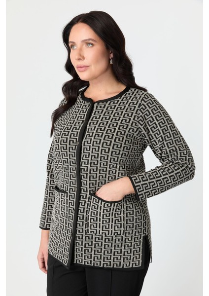 Büyük Beden Desenli Cep Detay Triko Hırka-Siyah modelleri