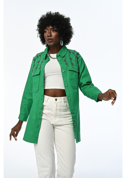 Kadın Robası Taş Işlemeli Düz Renk Gömlek-Ceket